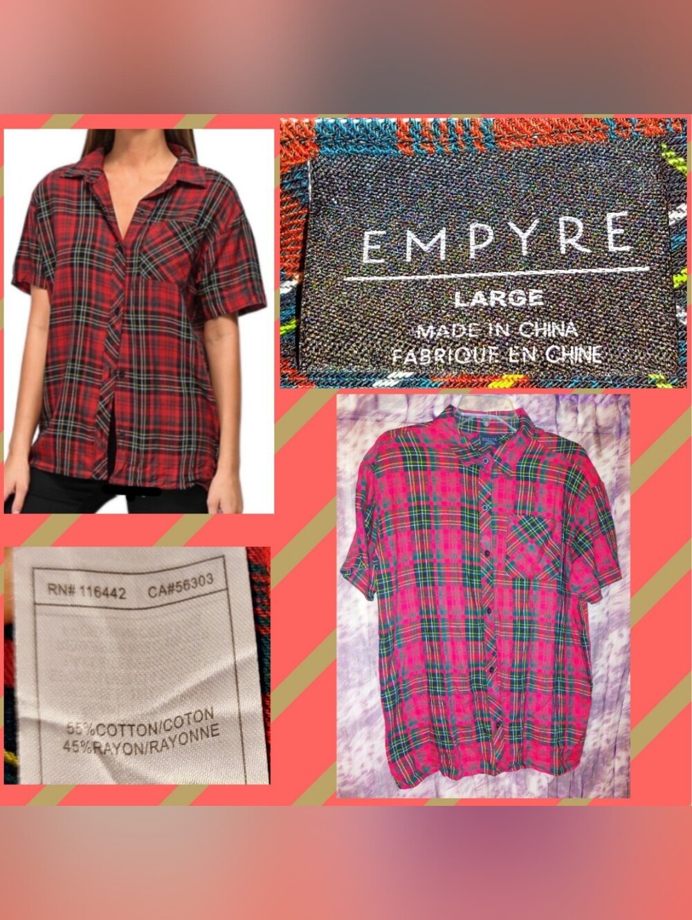 Empyre brand Red/Multicolors Plaid S/S Button-Up Shirt Sz Large